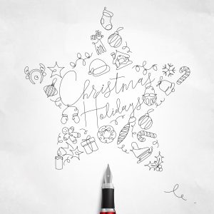 Christmas tree toy star lettering holidays drawing with pen line on crumpled paper background