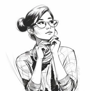 White young woman in thinking and doubts illustration. Female hipster character with dreamy face on abstract background. Ai generated black and white pencil sketch poster.