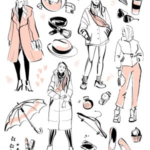 Vector collection of modern fashion elements and beautiful models for autumn, spring time - clothing, personal style, trendy look, cosmetics, accessory, shoe etc isolated. Hand drawn sketch style.