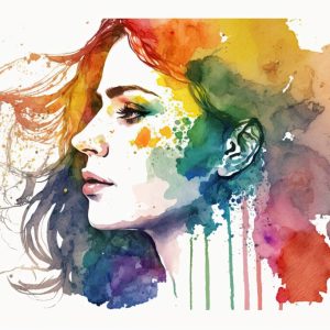 Minimalist watercolor painting of the joyful face of a Caucasian woman who identifies as lesbian, with a rainbow flag depicted in an abstract style, Generative AI