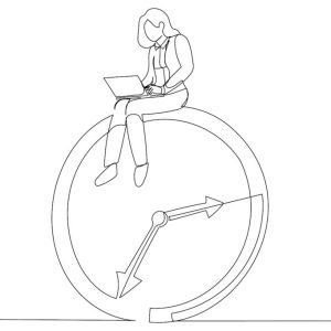 Drawing of businesswoman using computer laptop sitting on clock working. After hours worker, working late overtime concept. Single continuous line art