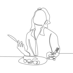 Continuous one line drawing happy Lady using fork and knife while enjoying her delicious meal. Eating activity concept. Single line draw design vector graphic illustration.