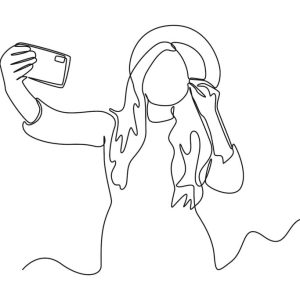 Continuous one line drawing Happy girl recording his lifestyle blog while talking to a smartphone. Vlogging concept. Single line draw design vector graphic illustration.