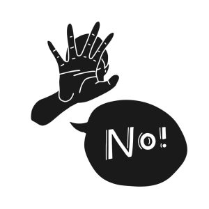 Female character expressing denial NO wtih her hand and in the speech bubble. Stop domestic violence and crime against females. No means no - concept. Vector simple silhouette illustration.